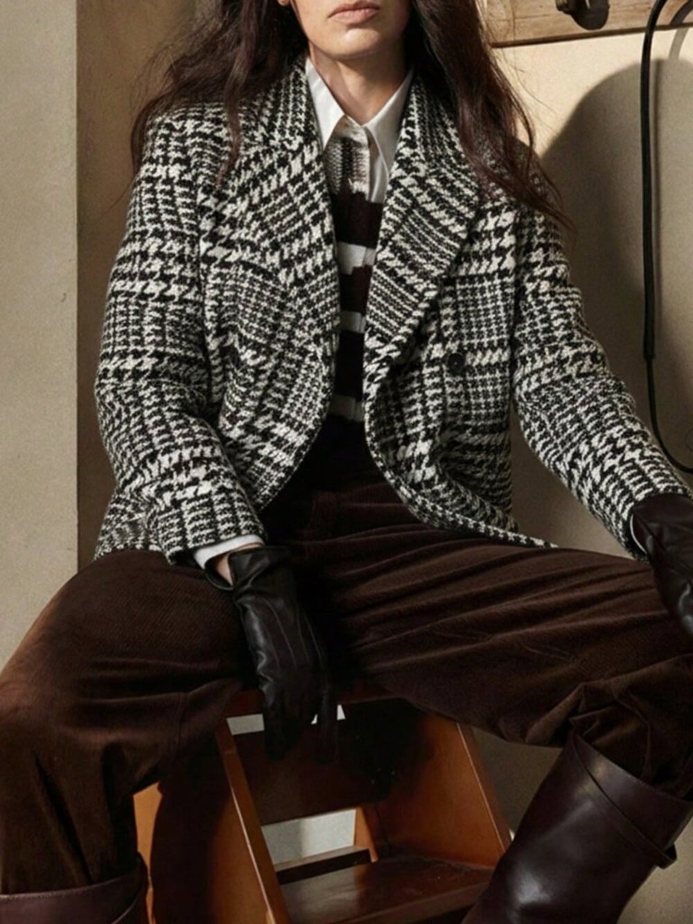 Black and White Casual Women's Houndstooth Pattern Double-Breasted Loose Coat